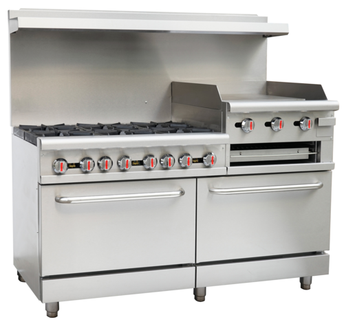 Serv-Ware SGR-6B-24RG Serv-Ware - Gas Cooking - 60" Gas Range with Six (6) Open Burners & 24" Raised Griddle/Broiler - Natural Gas - Dimensions: 60" W x 32.6" D x 60.4" H - Temperature Range: 250°F – 550°F - BTU/H: 30