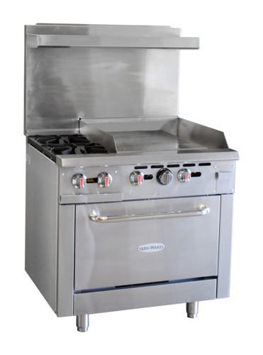 Serv-Ware SGR-2B-24G Serv-Ware - Gas Cooking - 36" Range with Two (2) Open Burners & 24" Griddle - Dimensions: 36" W x 32.6" D x 60" H - Temperature Range: 250°F – 550°F - BTU/H: 30