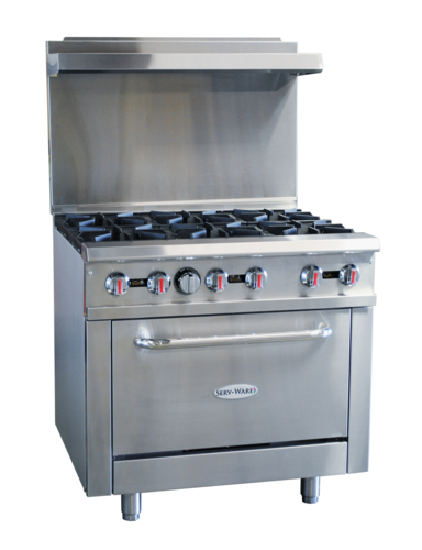 Serv-Ware SGR-6B Serv-Ware - Gas Cooking - 36" Gas Range with Six (6) Open Burners - Natural Gas - Dimensions: 36" W x 32.6" D x 60" H - Temperature Range: 250°F – 550°F - BTU/H: 30