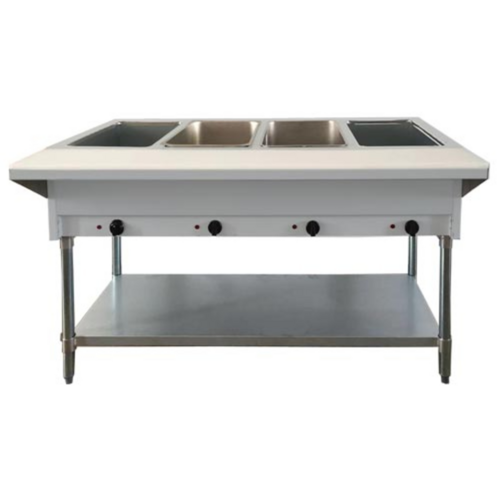 Omcan USA 46647 58-inch Electric Steam Table with 4 Pan Size Tray, Cutting Board and Under-shelf
