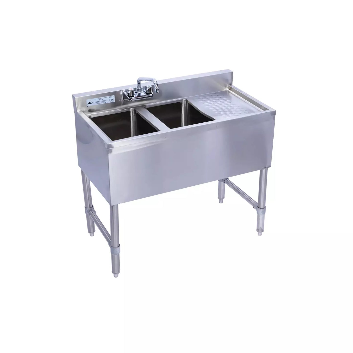 KCS BS3-2R 36" Wide Two Bowl Under Bar Hand Sink With Swivel Faucet with Right Drainboard