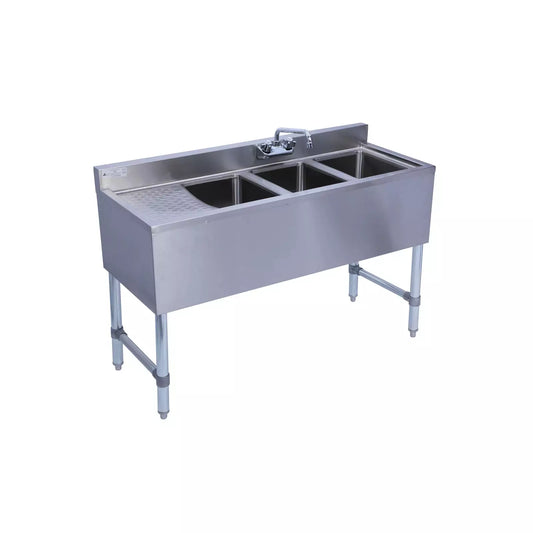 KCS BS4-3L 48" Wide Three Bowl Under Bar Hand Sink With Swivel Faucet with Left Drainboard