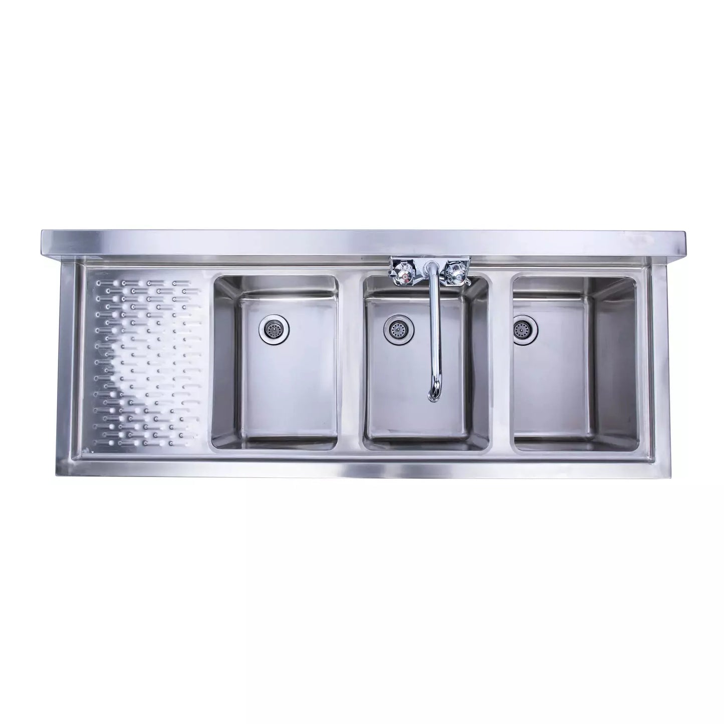 KCS BS4-3L 48" Wide Three Bowl Under Bar Hand Sink With Swivel Faucet with Left Drainboard