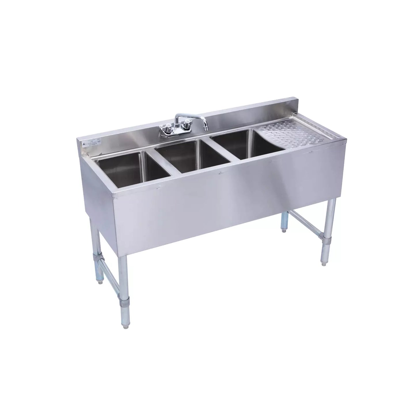 KCS BS4-3R 48" Wide Three Bowl Under Bar Hand Sink With Swivel Faucet with Right Drainboard