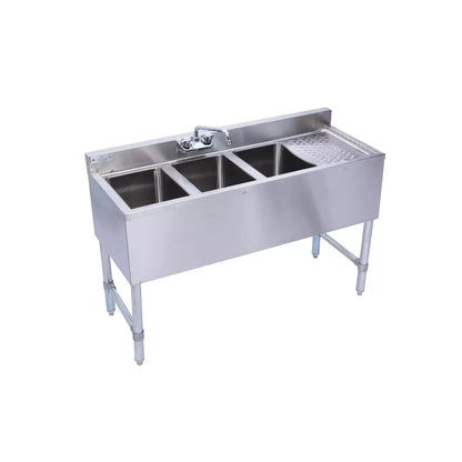 KCS BS4-3R 48" Wide Three Bowl Under Bar Hand Sink With Swivel Faucet with Right Drainboard