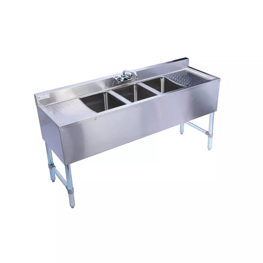 KCS BS6-3RL 72" Wide Three Bowl Under Bar Hand Sink With Swivel Faucet with 2 Side Drainboards