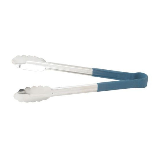 Winco UT-9HP-B 9" Stainless Steel Utility Tongs, Blue Handle