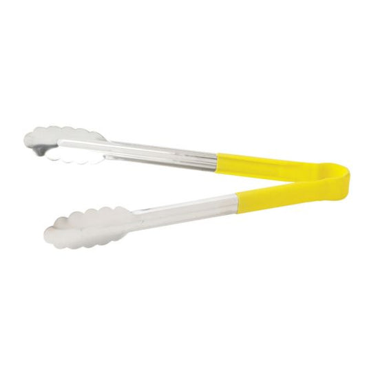 Winco UT-9HP-Y 9" Stainless Steel Utility Tongs, Yellow Handle