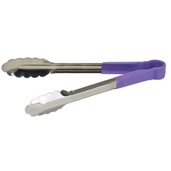 Winco UTPH-12P 12" Stainless Steel Utility Tongs with Allergen-Free Purple Polypropylene Handle