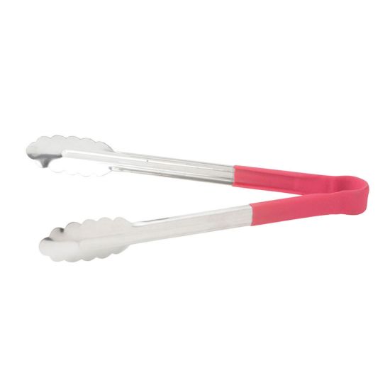 Winco UTPH-12R 12" Stainless Steel Utility Tongs with Red Polypropylene Handle