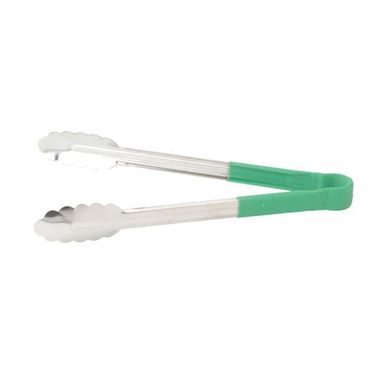 Winco UTPH-9G 9" Stainless Steel Utility Tongs with Green Polypropylene Handle