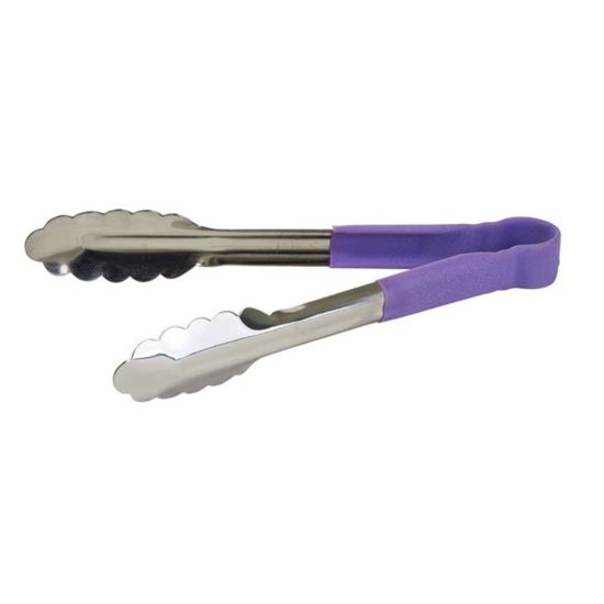 Winco UTPH-9P 9" Stainless Steel Utility Tongs with Allergen-Free Purple Polypropylene Handle