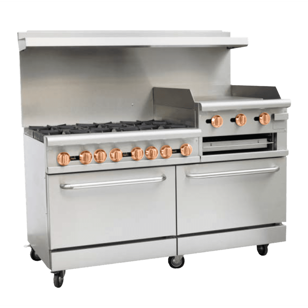 Copper Beech CBR-60-RG24 Open Burner Gas Restaurant Range w/ Double Oven, 24" Raised Griddle & Broiler