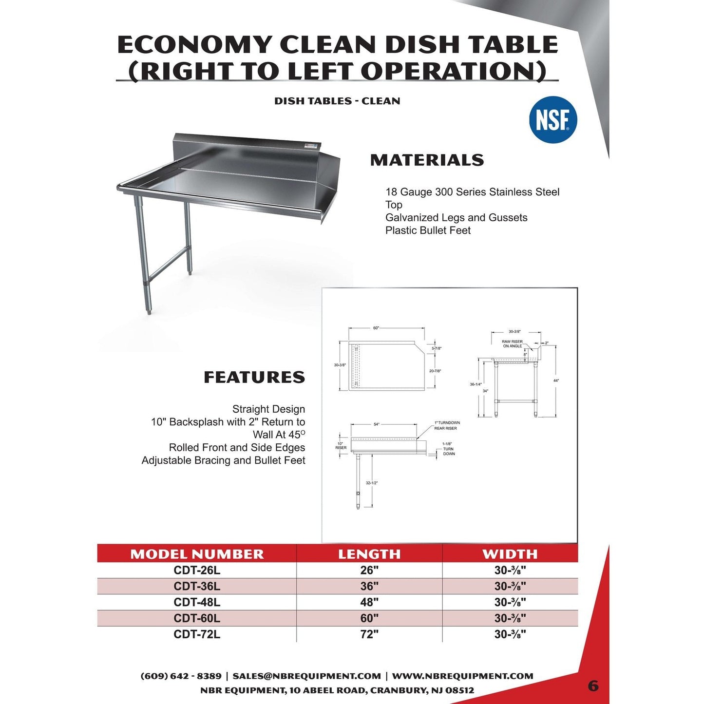 NBR Economy Clean Dish Table (Right to Left)