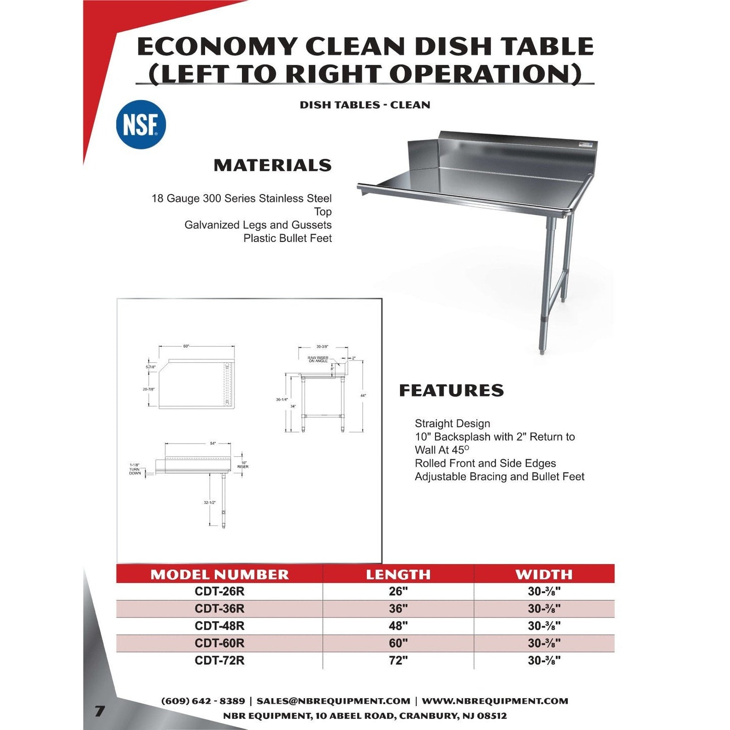 NBR Economy Clean Dish Table (Left to Right)