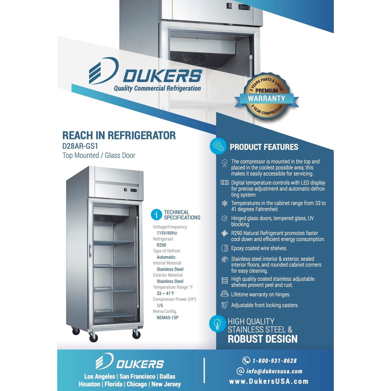 Dukers D28AR-GS1 Top Mount Single Glass Door Commercial Reach-in Refrigerator
