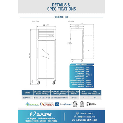 Dukers D28AR-GS1 Top Mount Single Glass Door Commercial Reach-in Refrigerator