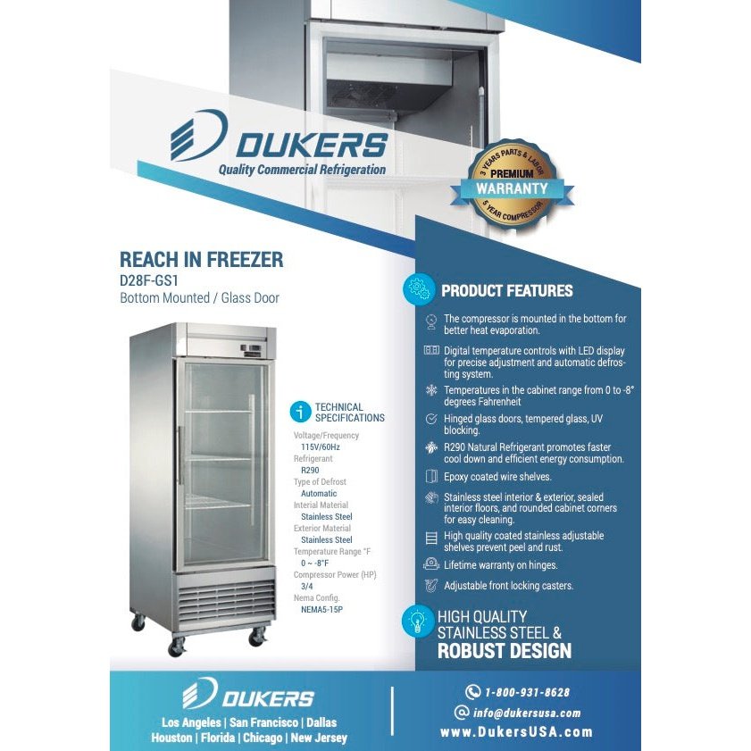 Dukers D28F-GS1 Bottom Mount Glass Single Door Commercial Reach-in Freezer
