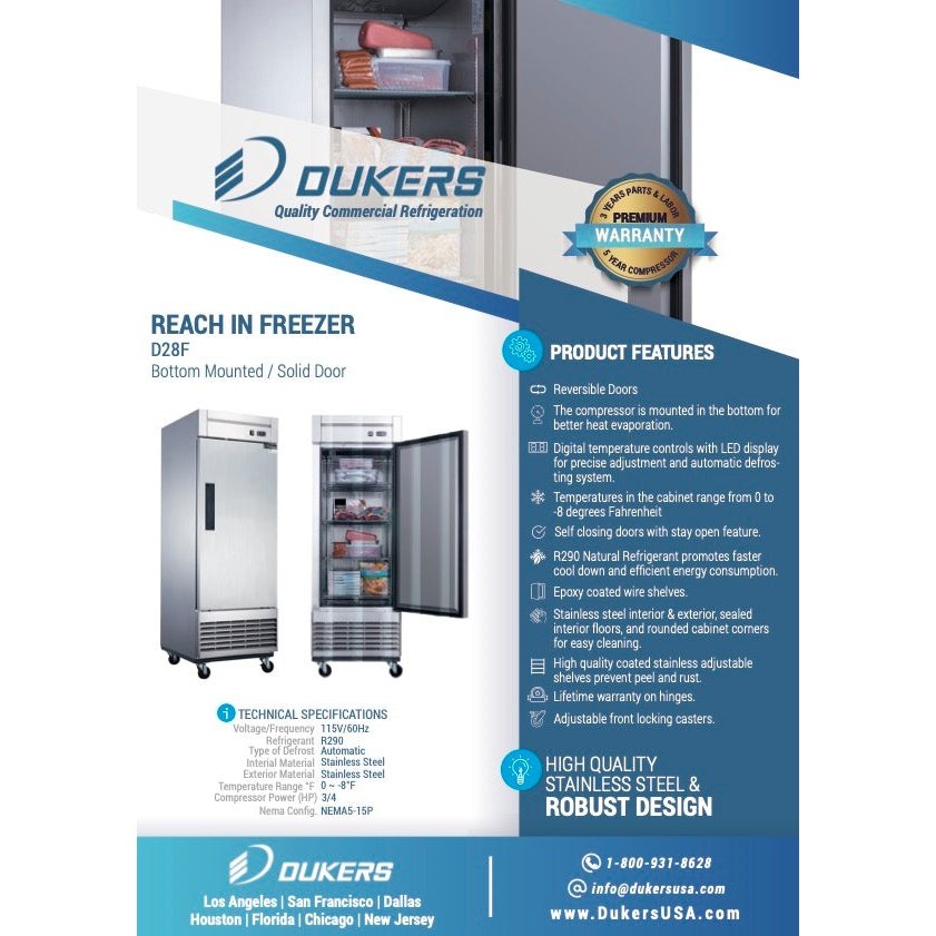 Dukers D28F Single Door Commercial Freezer in Stainless Steel
