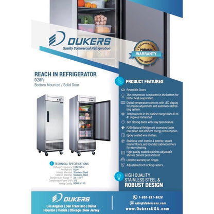 Dukers D28R Single Door Commercial Refrigerator in Stainless Steel