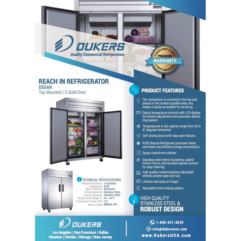 Dukers D55AR Commercial 2Door Top Mount Refrigerator in Stainless Ste MEDITERRANEAN