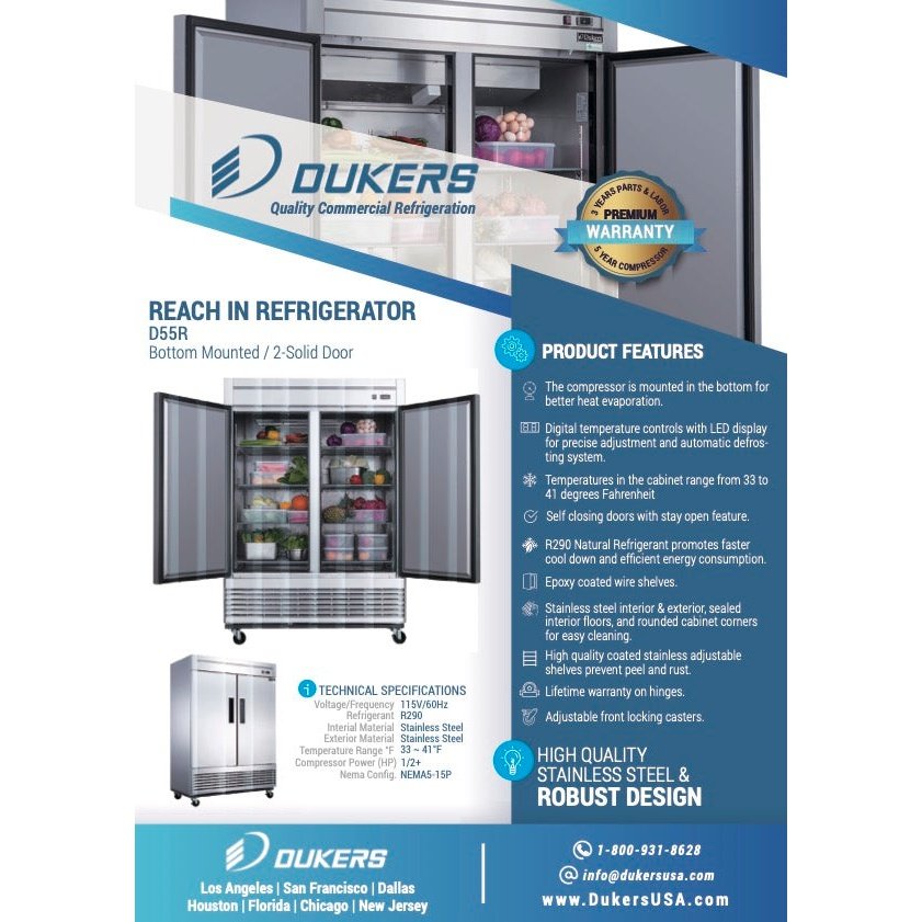 Dukers D55R 2-Door Commercial Refrigerator in Stainless Steel