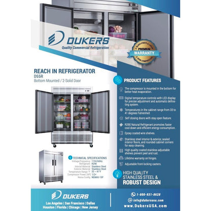 Dukers D55R 2-Door Commercial Refrigerator in Stainless Steel