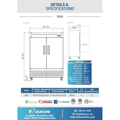 Dukers D55R 2-Door Commercial Refrigerator in Stainless Steel