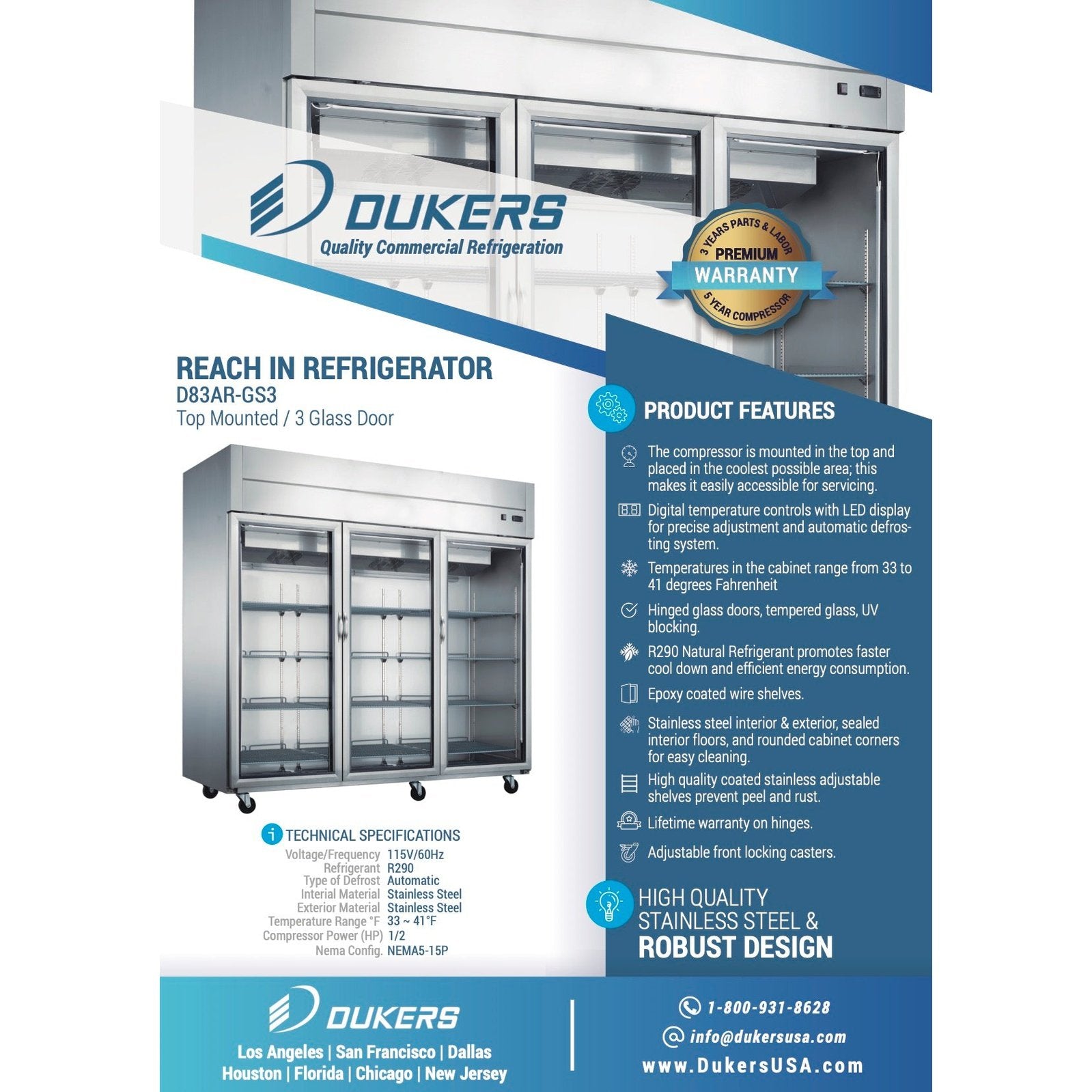 Dukers D83AR-GS3 Top Mount Glass 3-Door Commercial Reach-in Refrigerator