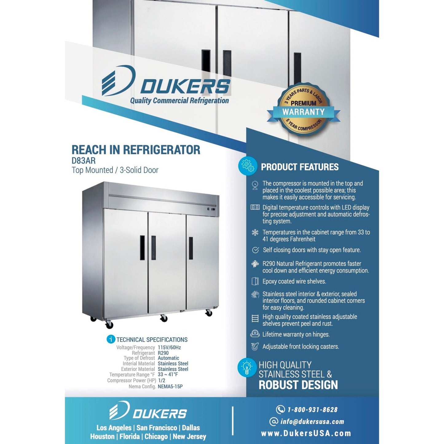 Dukers D83AR Commercial 3-Door Top Mount Refrigerator in Stainless Steel