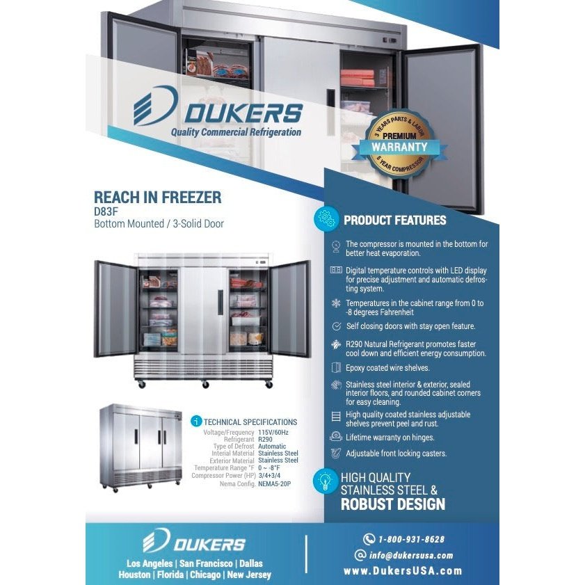 Dukers D83F 3-Door Commercial Freezer in Stainless Steel