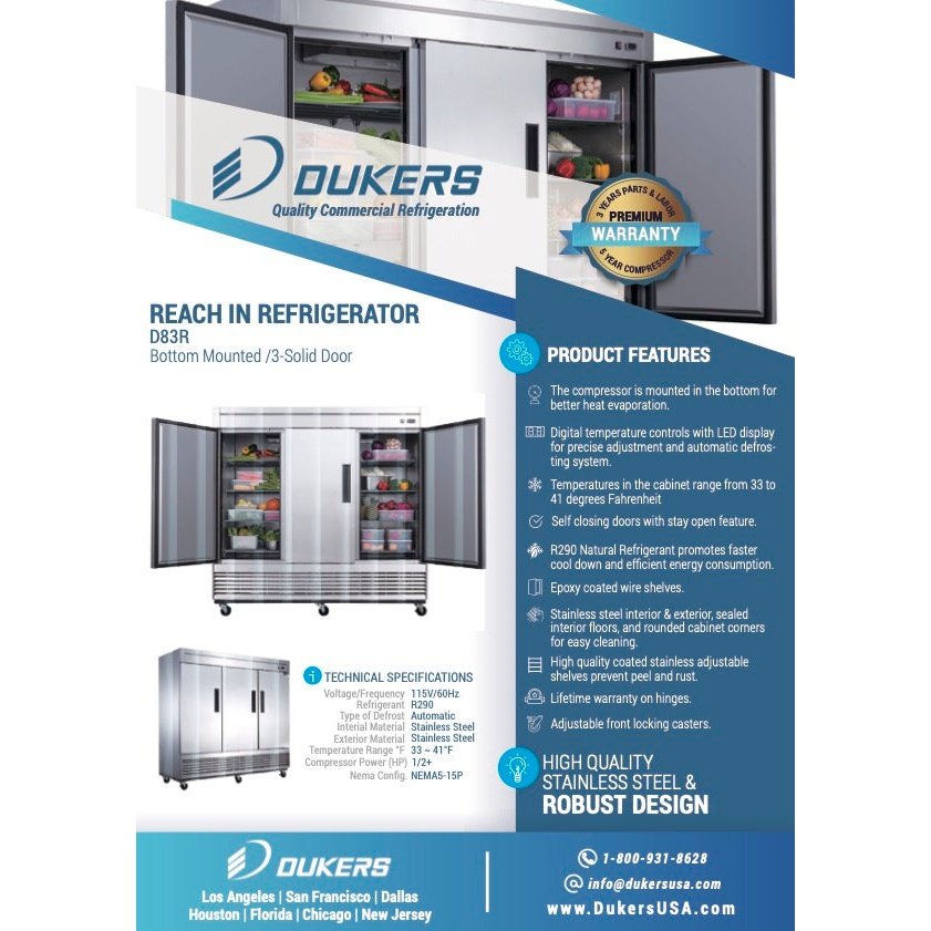 Dukers D83R 3-Door Commercial Refrigerator in Stainless Steel