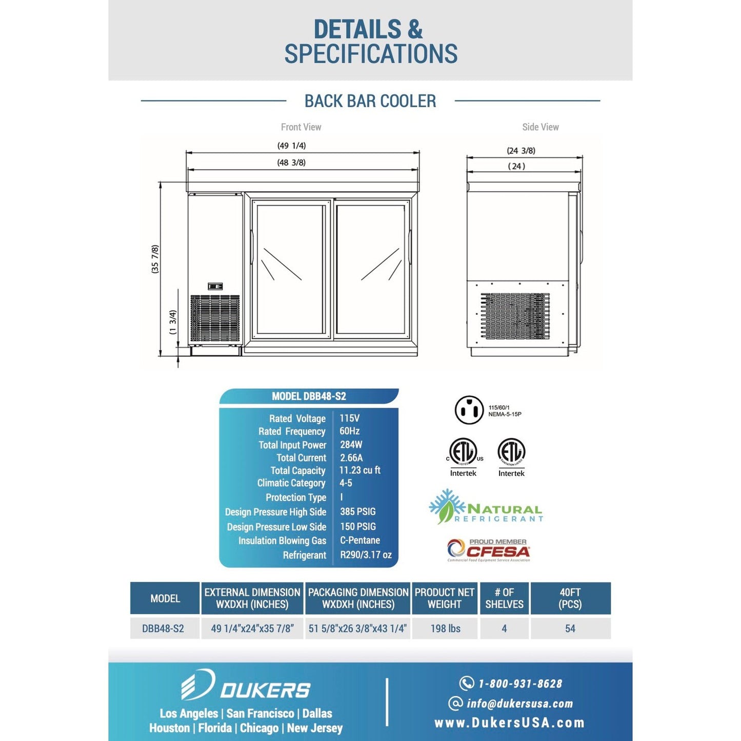 Dukers DBB48-S2 2-Door Bar and Beverage Cooler Sliding Doors