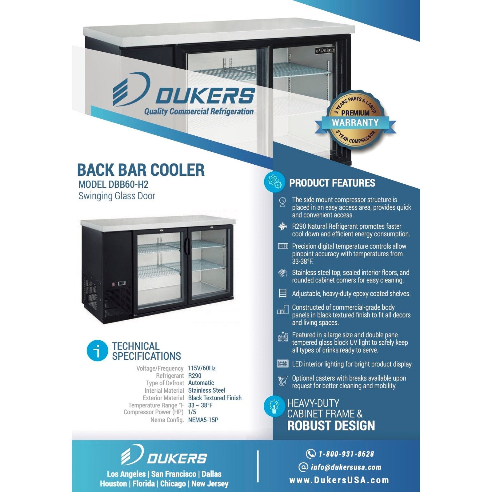 Dukers DBB60-H2 2 Door Bar and Beverage Cooler Hinge Doors