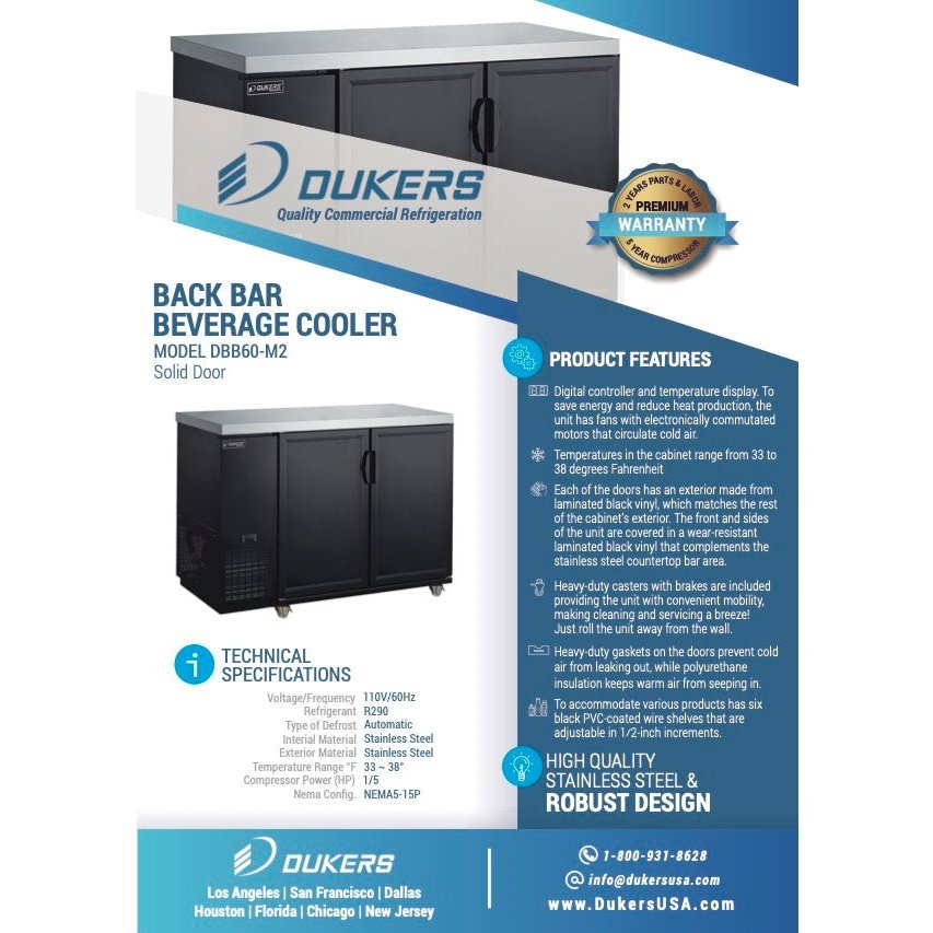 Dukers DBB60-M2 2-Door Bar and Beverage Cooler Solid Doors