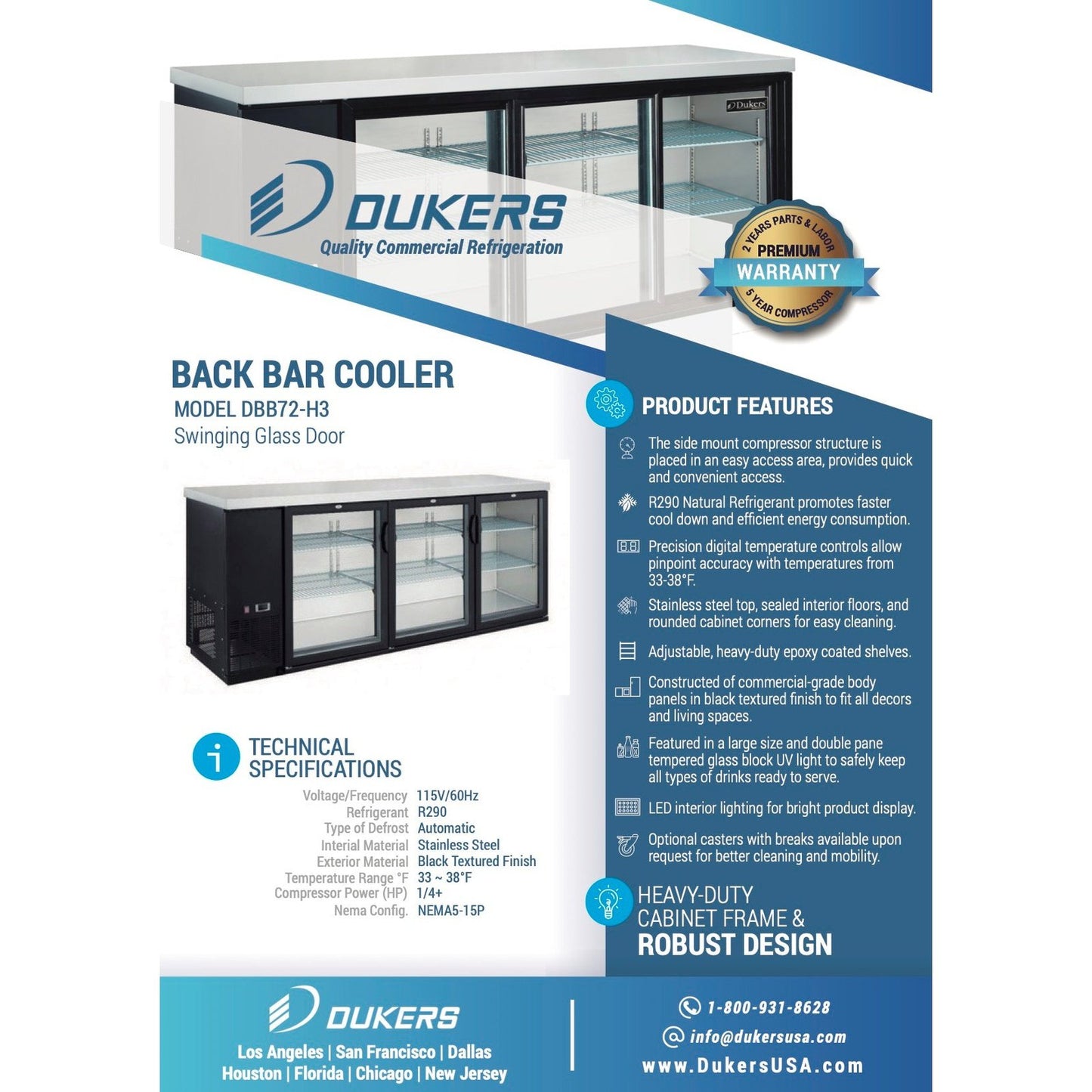 Dukers DBB72-H3 3 Door Bar and Beverage Cooler Hinge Doors