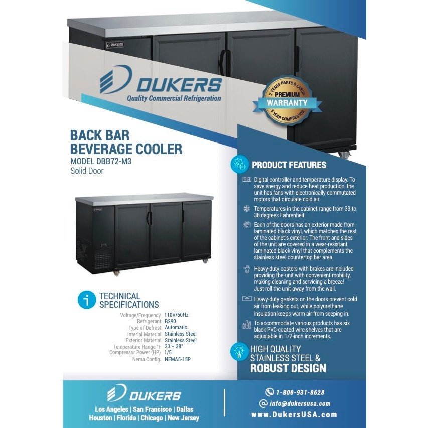 Dukers DBB72-M3 3-Door Bar and Beverage Cooler Solid Doors