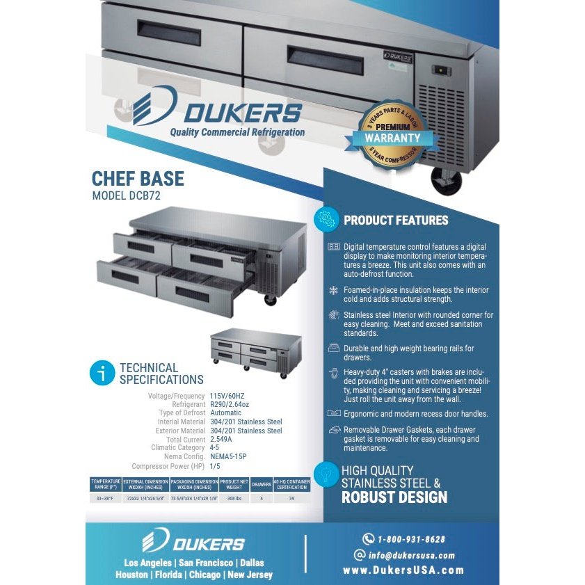 Dukers DCB72-D4 Chef Base Refrigerator with 4 Drawers