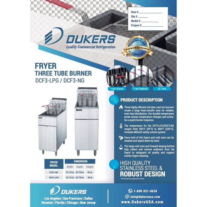 Dukers DCF3-LPG Liquid Propane Gas Fryer with 3 Tube Burners