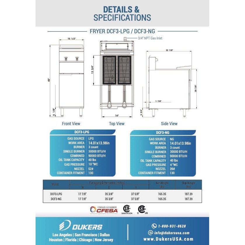 Dukers DCF3-LPG Liquid Propane Gas Fryer with 3 Tube Burners