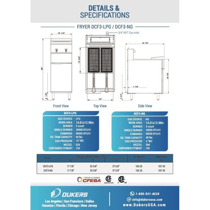 Dukers DCF3-LPG Liquid Propane Gas Fryer with 3 Tube Burners