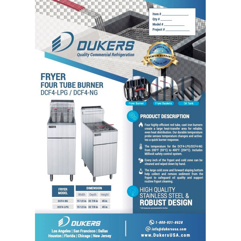 Dukers DCF4-LPG Liquid Propane Gas Fryer with 4 Tube Burners