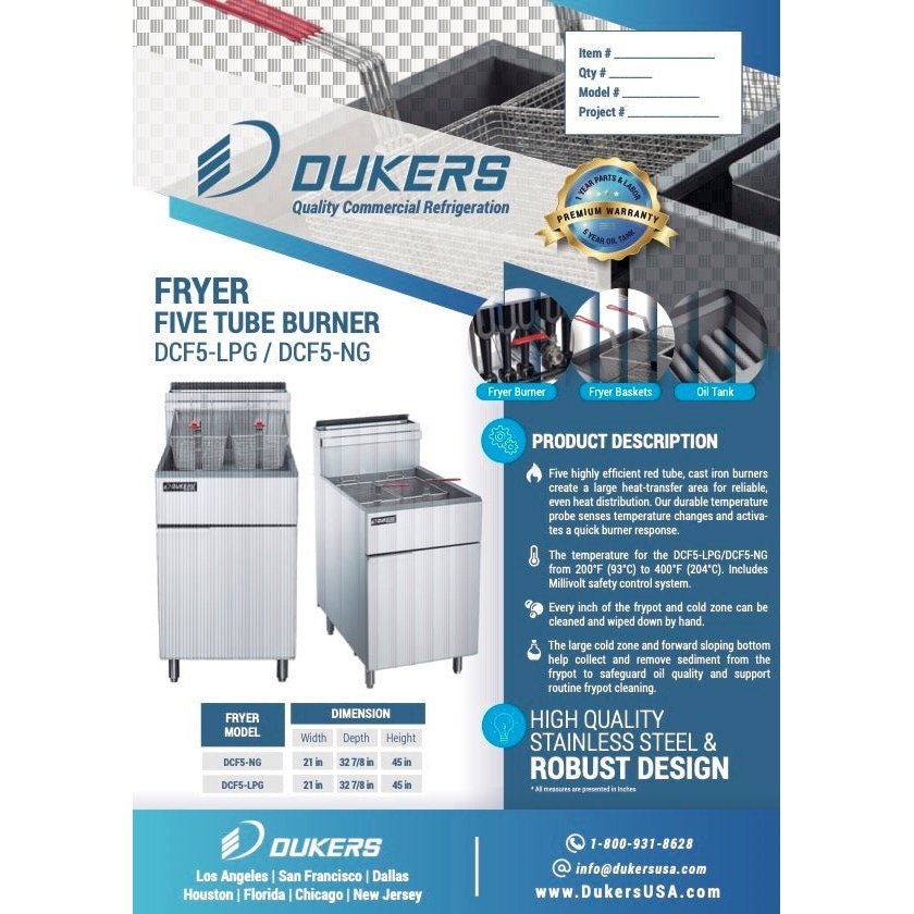 Dukers DCF5-LPG Liquid Propane Gas Fryer with 5 Tube Burners