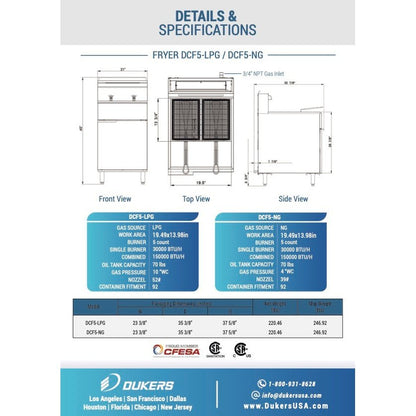 Dukers DCF5-NG Natural Gas Fryer with 5 Tube Burners