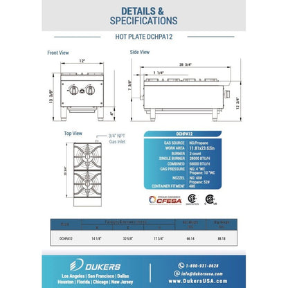 Dukers DCHPA12 Hot Plate with 2 Burners