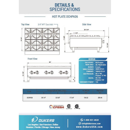 Dukers DCHPA36 Hot Plate with 6 Burners