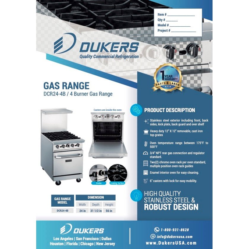 Dukers DCR24-4B 24″ Gas Range with Four 4 Open Burners
