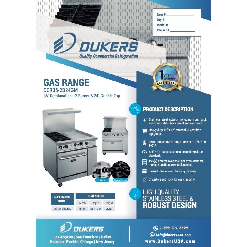 Dukers DCR36-2B24GM 36″ Gas Range with Two 2 Open Burners & 24″ Griddle
