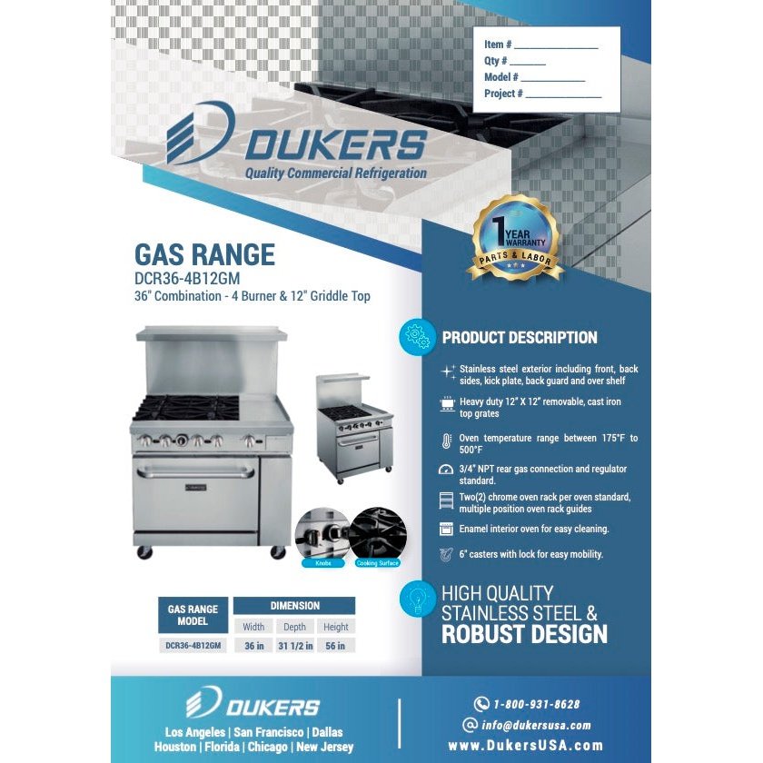 Dukers DCR36-4B12GM 36″ Gas Range with Four 4 Open Burners & 12″ Griddle