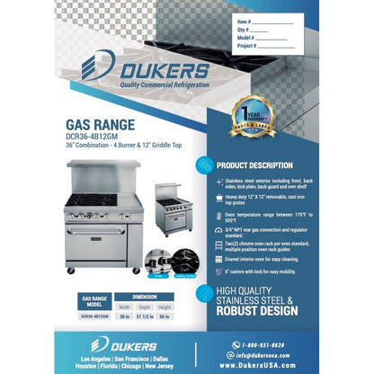 Dukers DCR36-4B12GM 36″ Gas Range with Four 4 Open Burners & 12″ Griddle